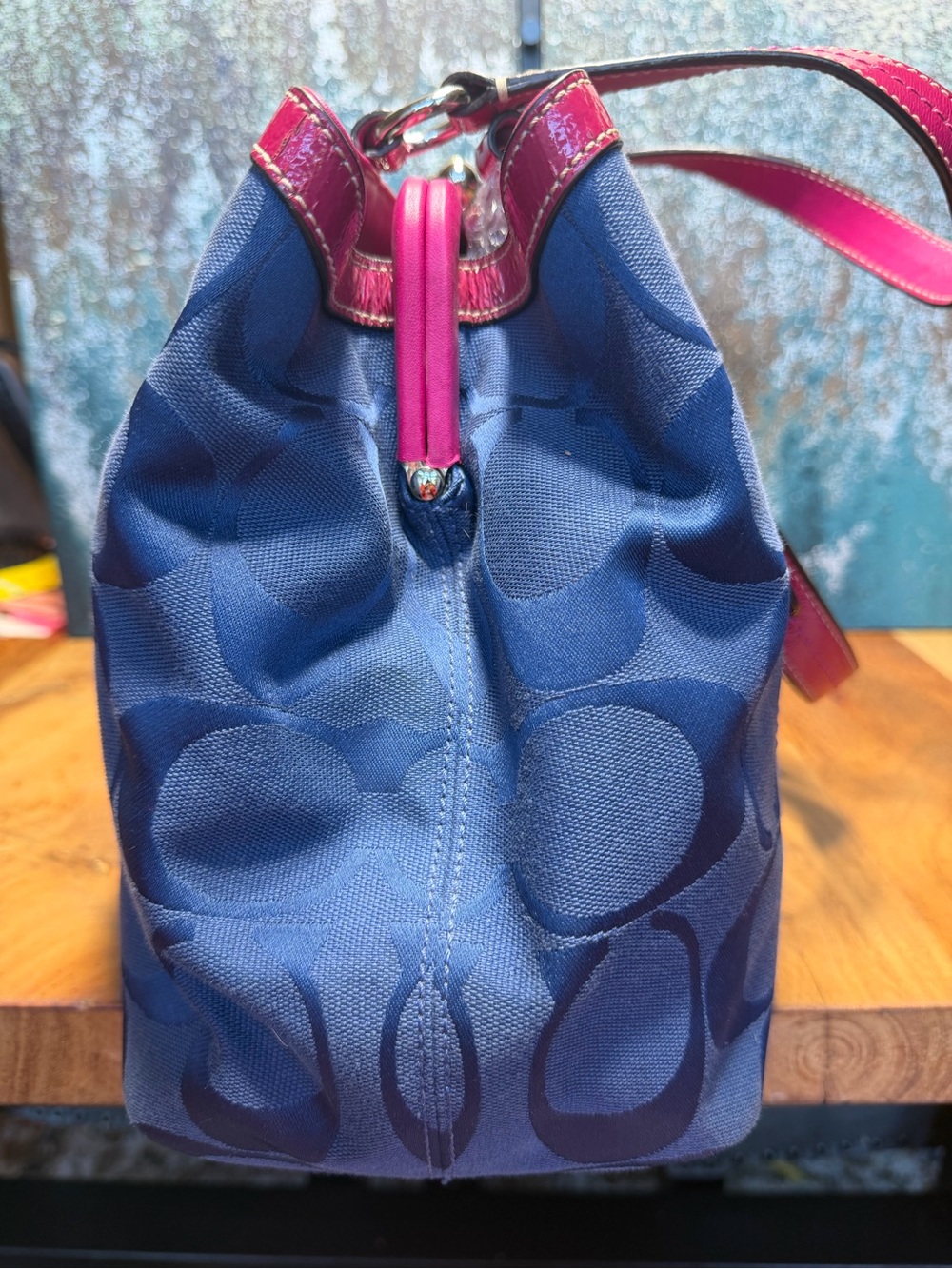 Coach Barbiecore Kisslock Y2K 2010 Laura Signature Carryall Navy Fuchsia Tote - Picture 9 of 14